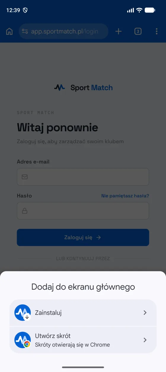Zrzut ekranu: Wybierz Zainstaluj — Sport Match zainstaluje się jako aplikacja, a nie tylko skrót.
