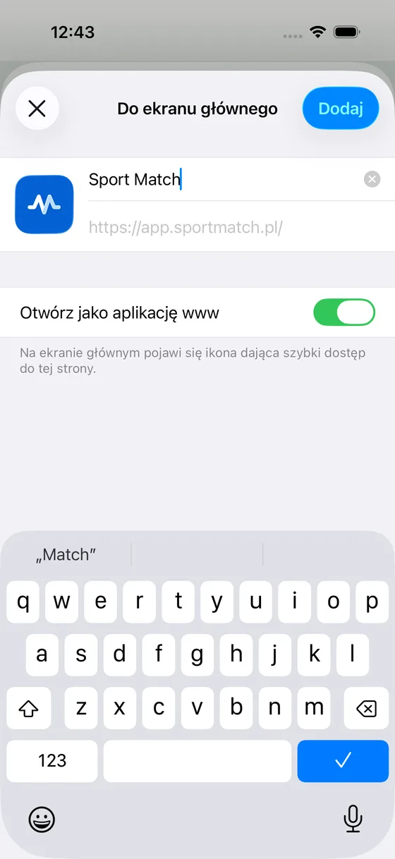 Zrzut ekranu: Zostaw włączony przełącznik Otwórz jako aplikację www i dotknij Dodaj.