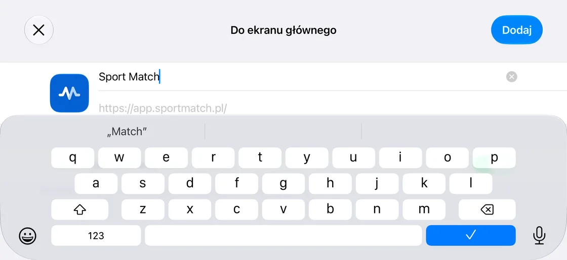 Zrzut ekranu: Dotknij Dodaj w prawym górnym rogu. (Przełącznik Otwórz jako aplikację www, tu schowany pod klawiaturą, jest domyślnie włączony — zostaw go tak.)