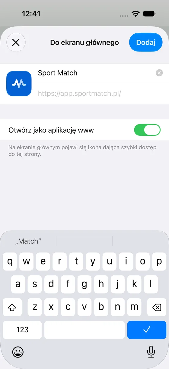 Zrzut ekranu: Zostaw włączony przełącznik Otwórz jako aplikację www i dotknij Dodaj.